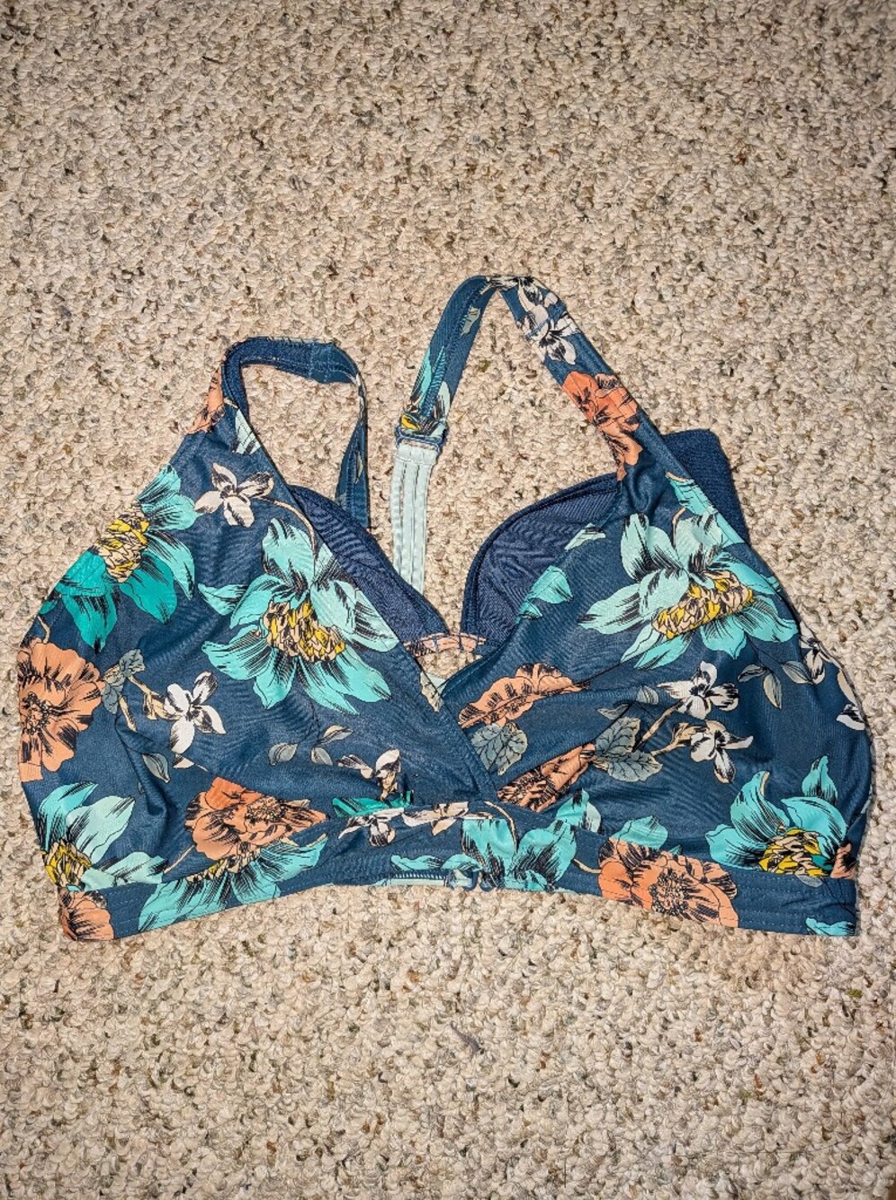 Prana Floral Dark Teal Bikini Top with Teal & Coral Accents